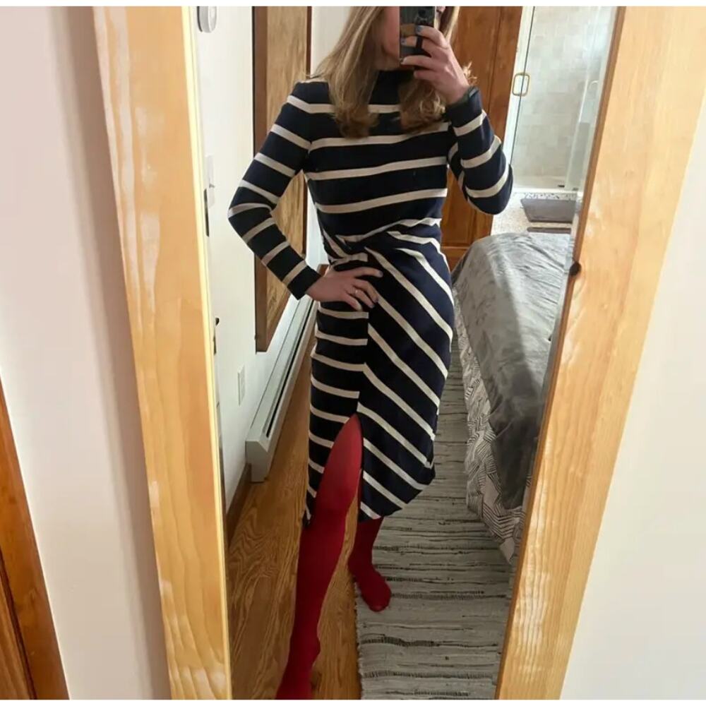 Tanya Taylor Blue White Striped Knit Midi Dress SMALL Career Work Cotton $400 - Picture 5 of 11